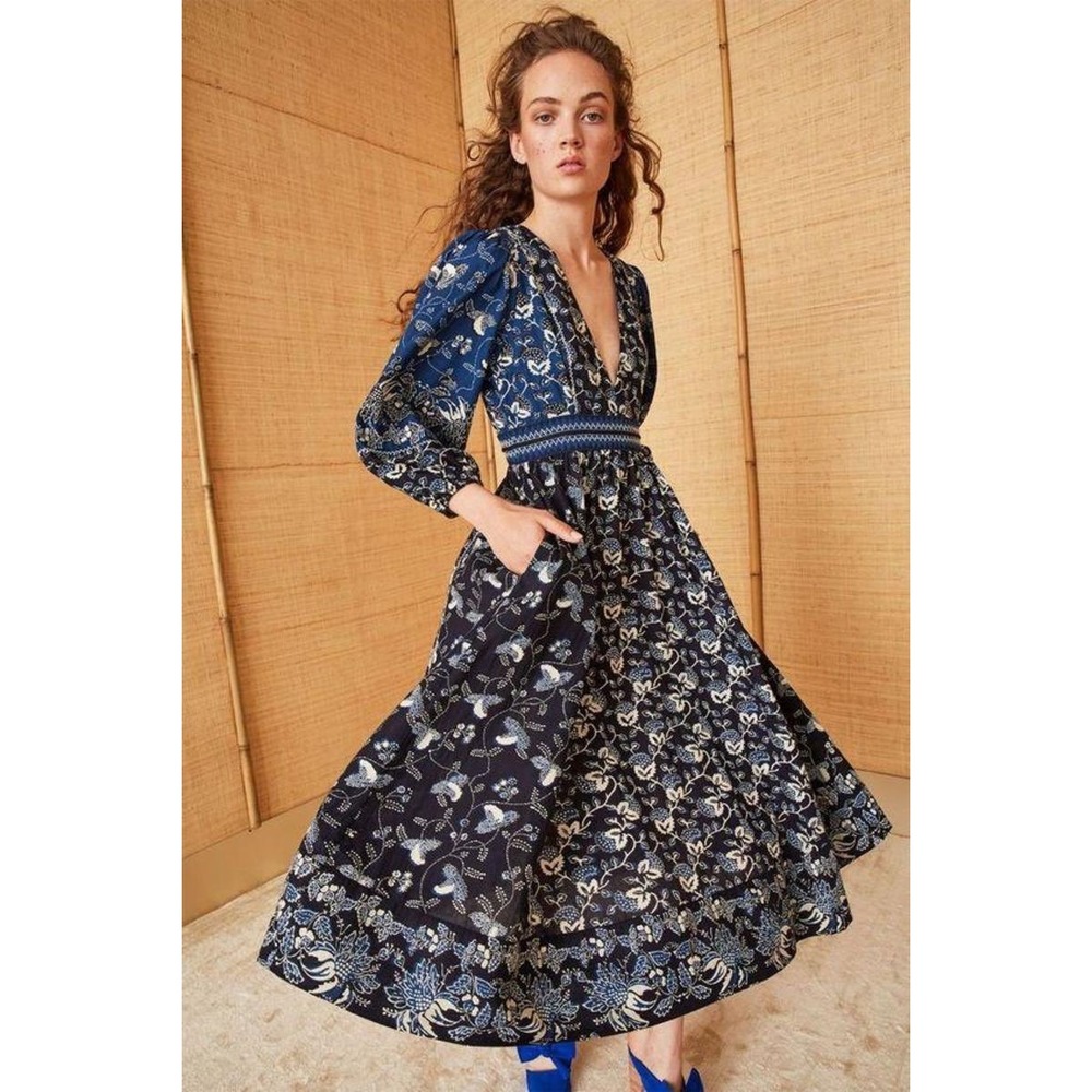 Ulla Johnson Blue Floral Cotton Midi Dress Puff Sleeve V-Neck Boho Navy Indigo